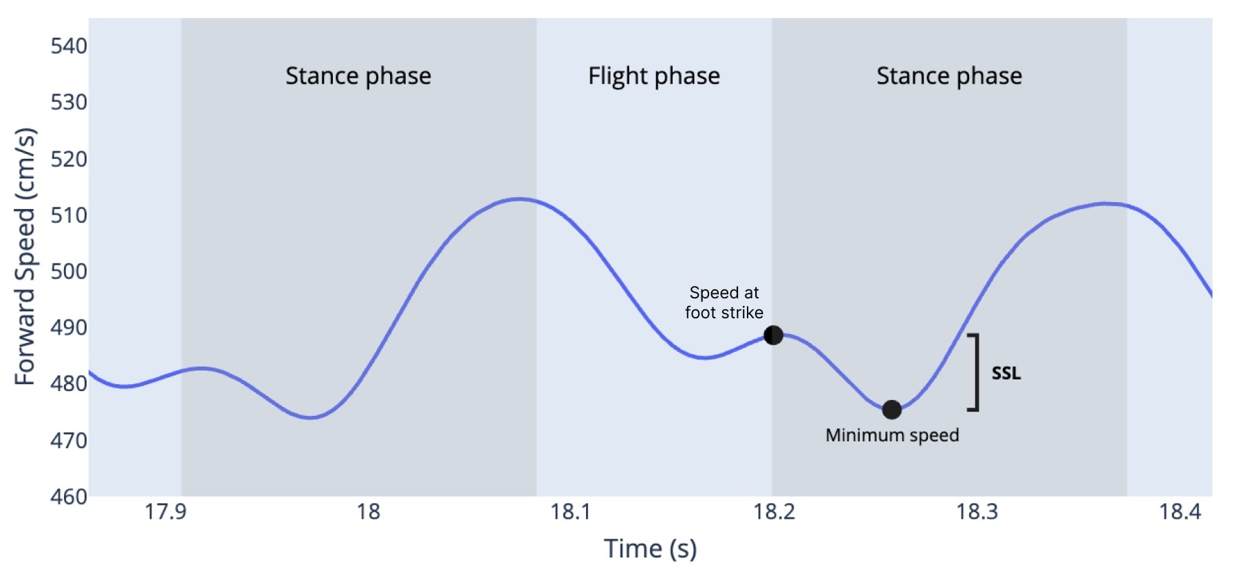A chart showing what happens to a runner's forward speed as their foot strikes the ground during flight phase and stance phase, and how step speed loss is measured.